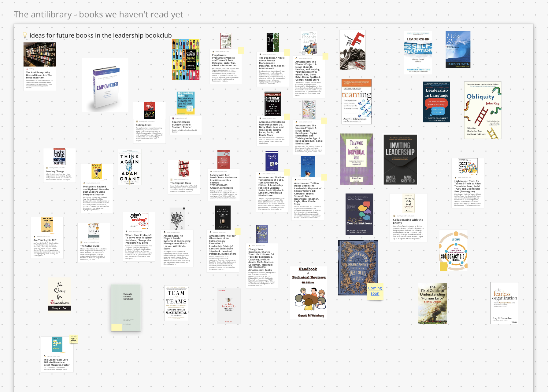 Miro board with potential next books for the book club