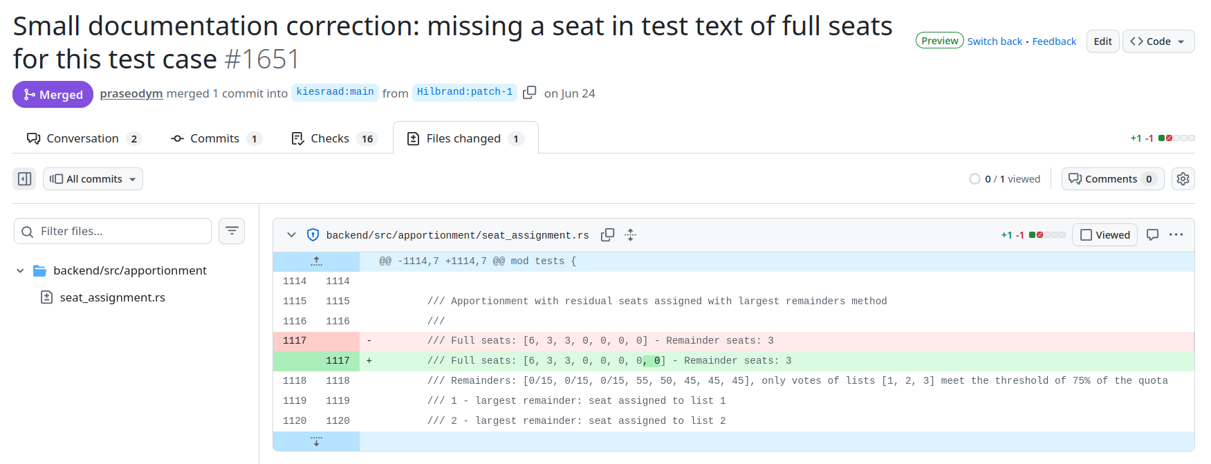 A pull request making a minor fix to the comment of a unit test